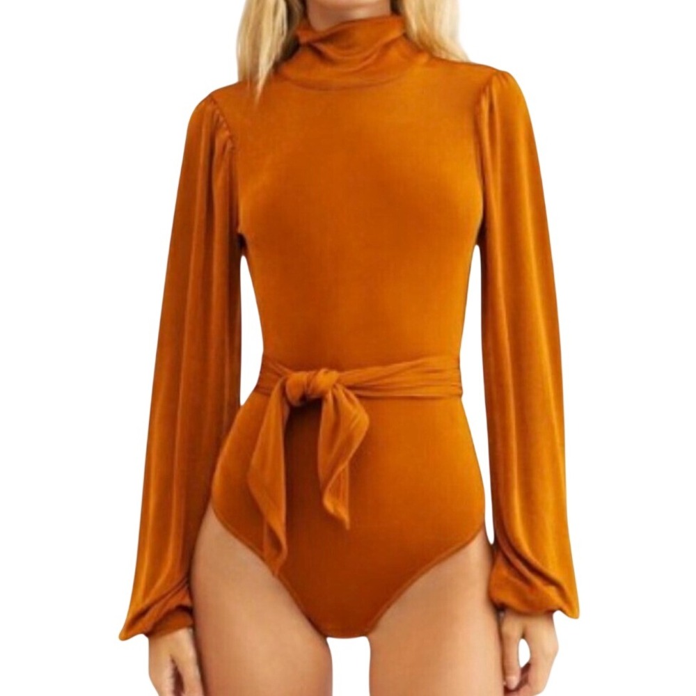 Intimately Free People Turtleneck Open Back Tie Waist Bodysuit Copper SMALL